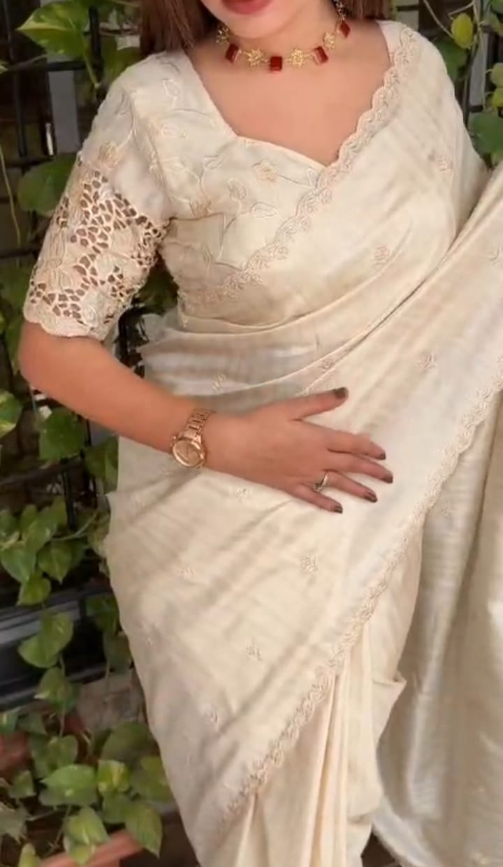 Beautiful cutwork embroidery on matkaa tussar silk sarees Off white Designer sarees collection