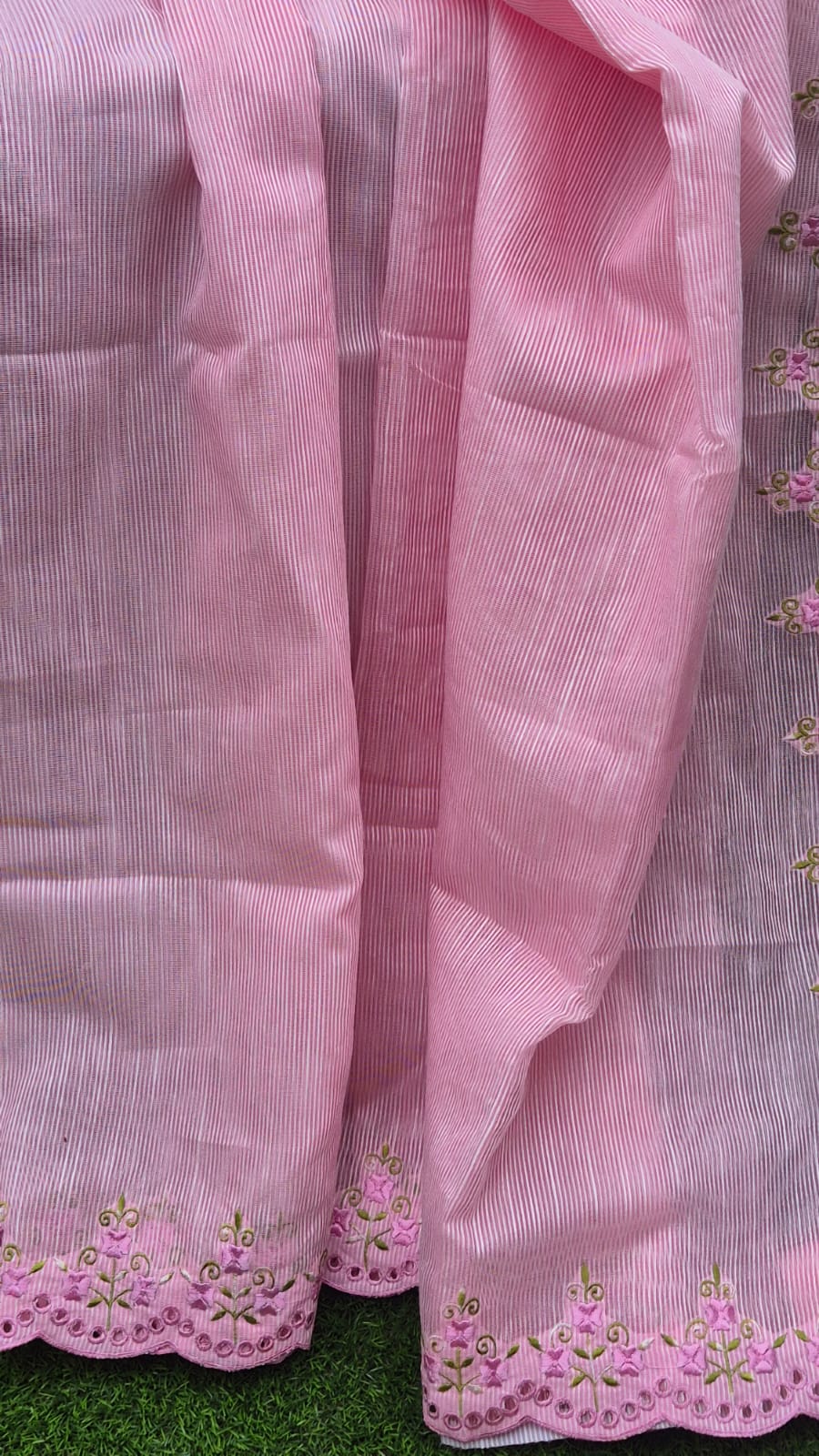 Pink floral embroidery premium sarees collection Silky kota cutwork sarees