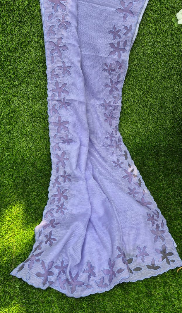 Silky Kota lavender saree and blouse with organza border and applique work Organza