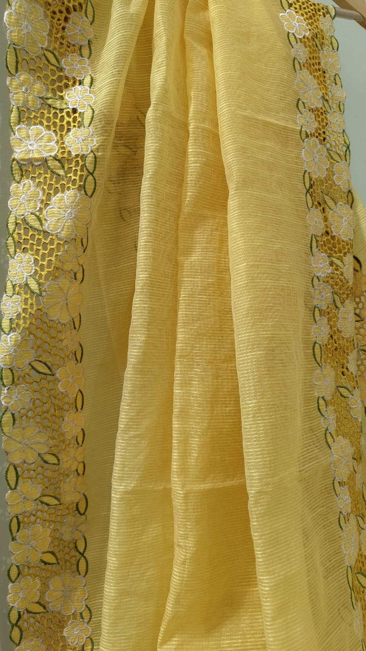 Yellow collection silky kota cutwork embroidery sarees Silky kota cutwork sarees