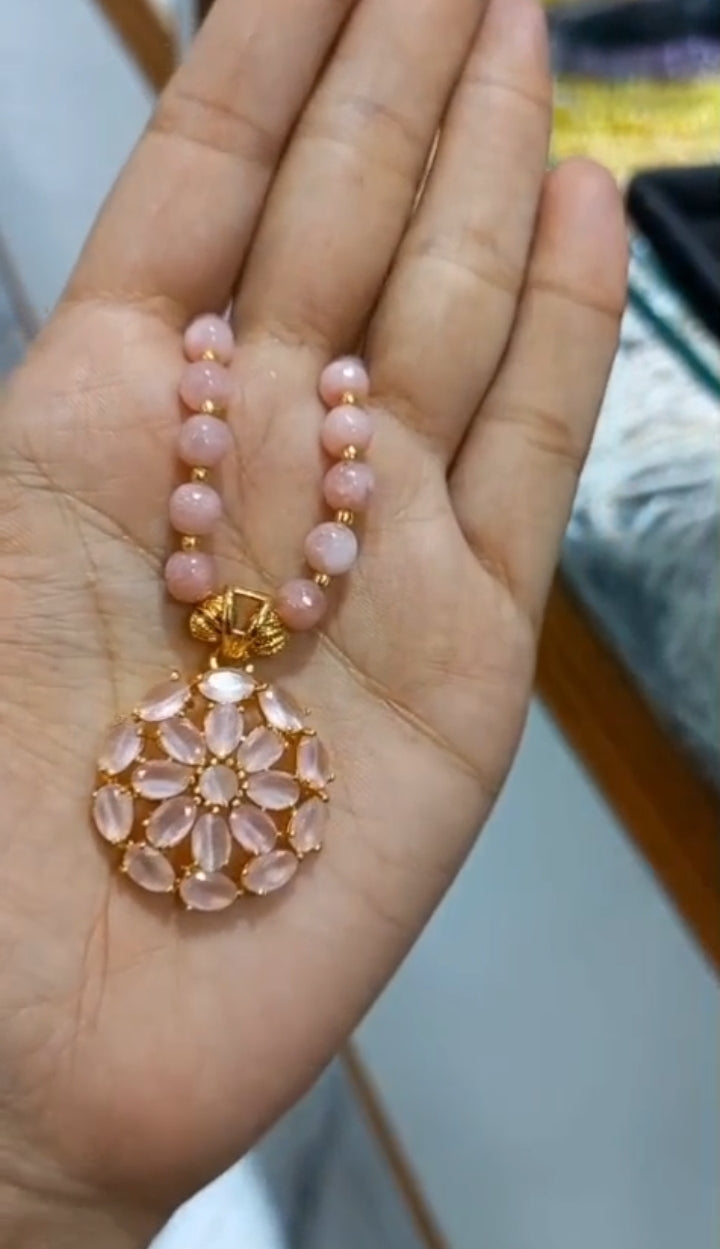 Beautiful light pink crystal Pendent with pink crystal beads Neck chain Code : PC1 Pearl Jewellery