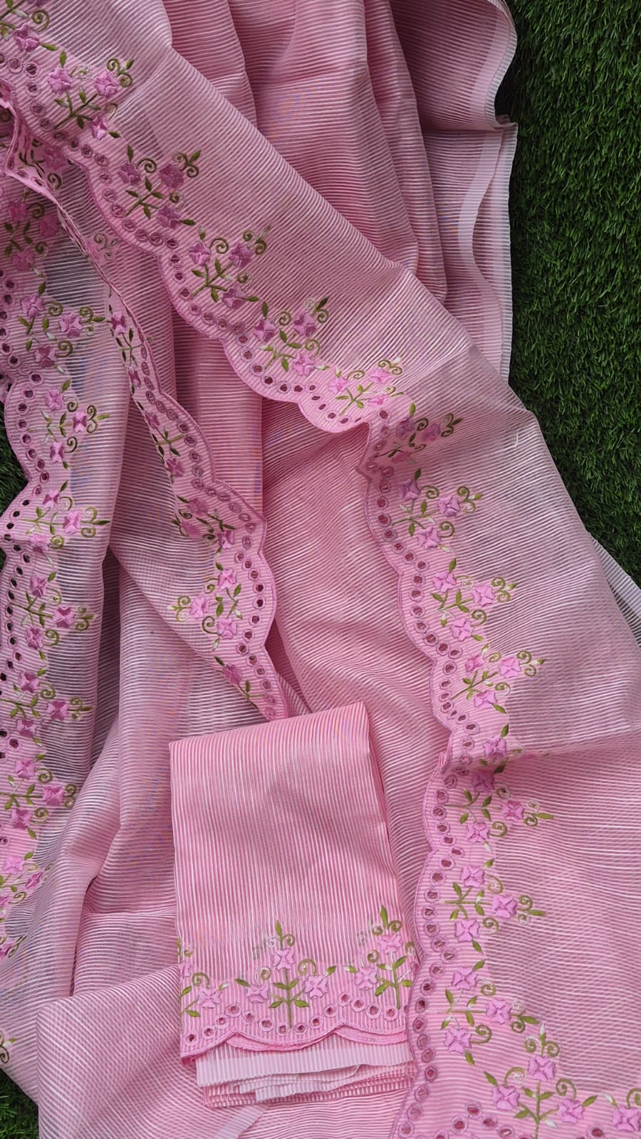 Pink floral embroidery premium sarees collection Silky kota cutwork sarees