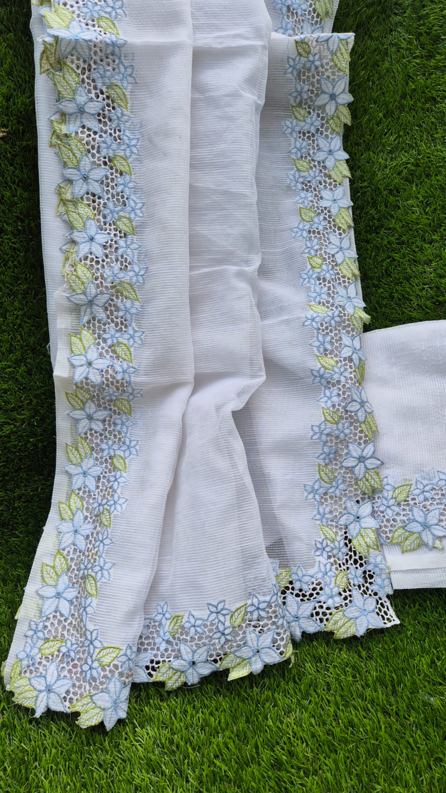 White floral cutwork embroidery premium sarees collection Silky kota cutwork sarees
