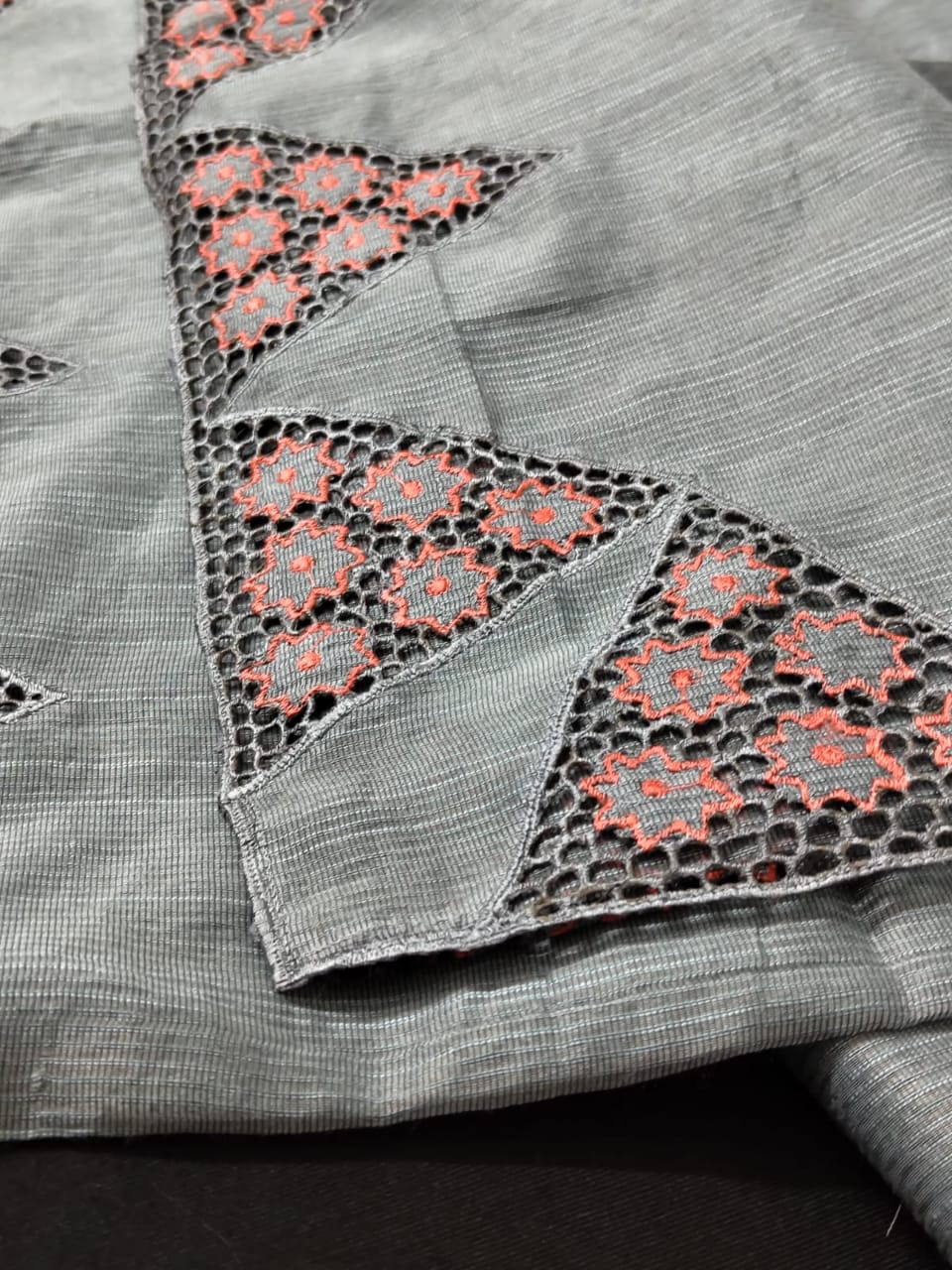 Grey silky kota cutwork embroidery designer sarees