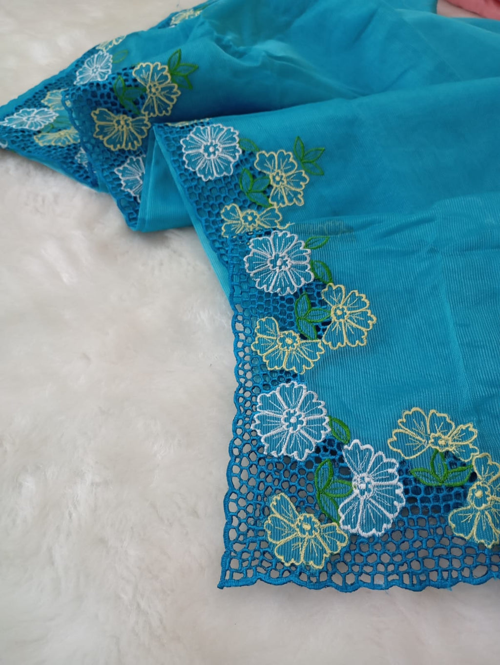 Blue green floral cutwork embroidery premium sarees collection