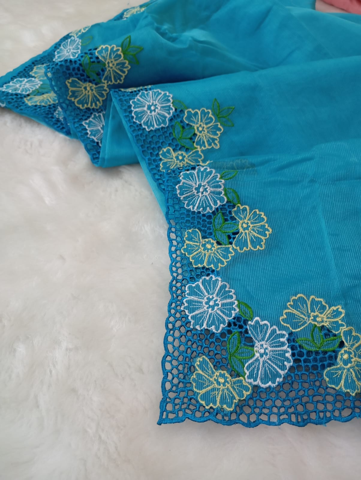 Blue green floral cutwork embroidery premium sarees collection