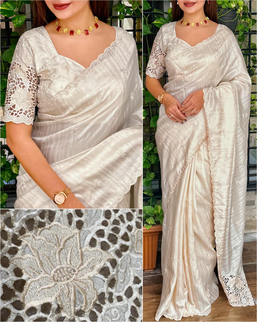 Beautiful cutwork embroidery on matkaa tussar silk sarees Designer sarees collection