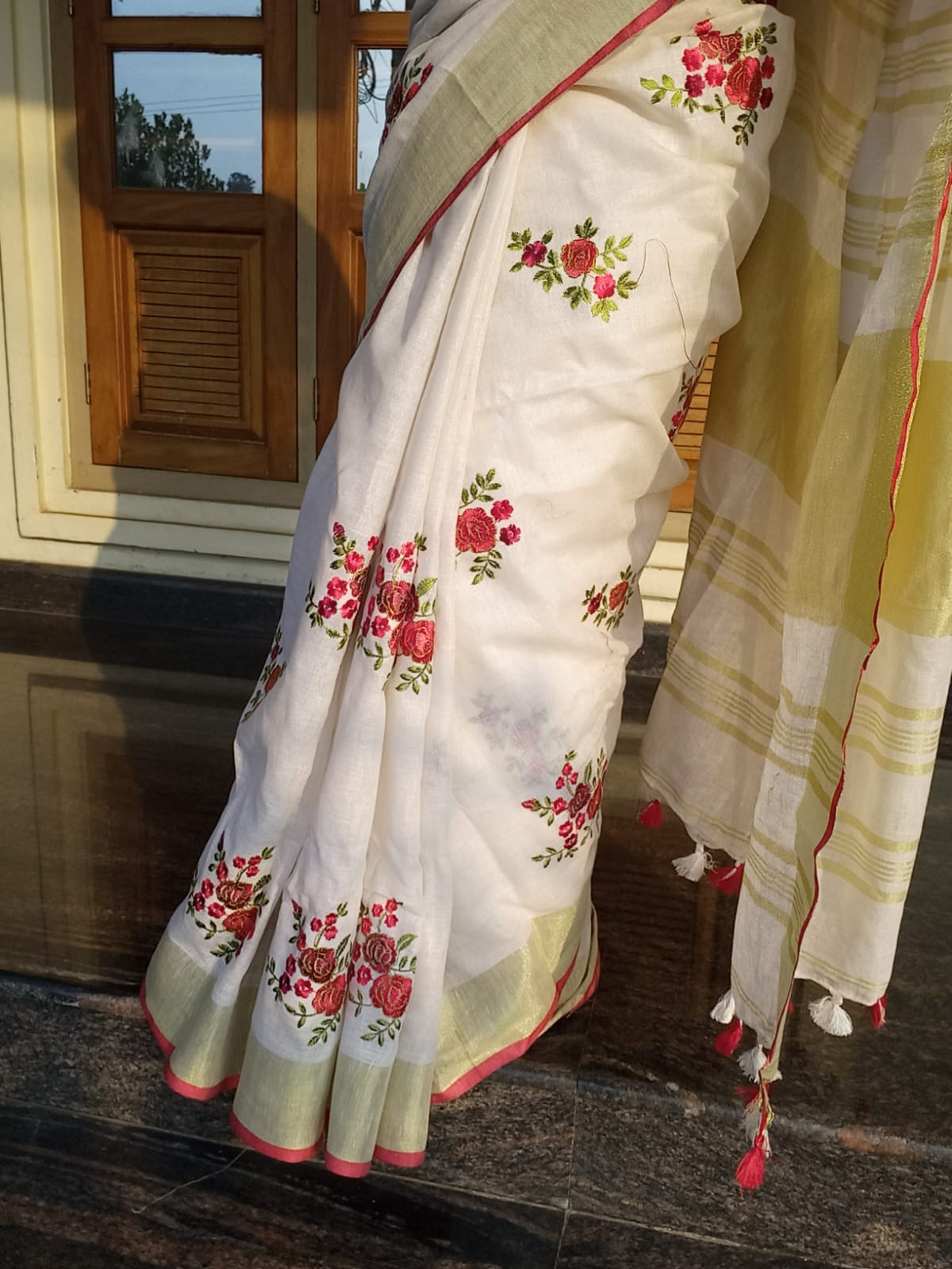 Pure Linen by Linen Saree with full embroidery Linen saree