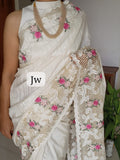 Exclusive cutwork white floral embroidery designer sarees White floral Munga tussar