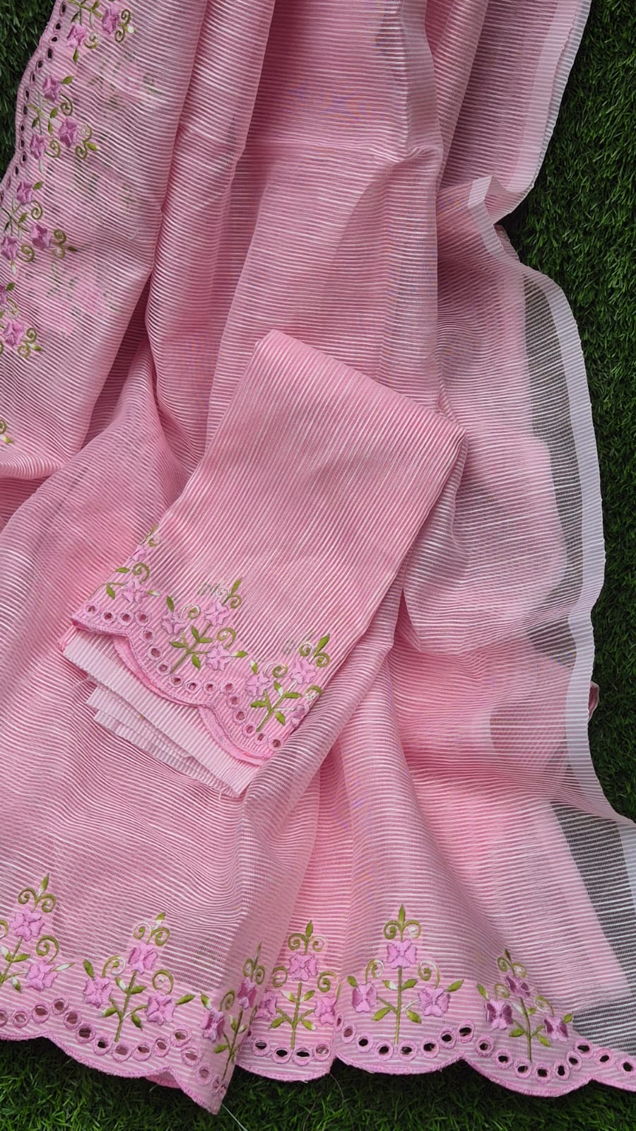 Pink floral embroidery premium sarees collection Silky kota cutwork sarees