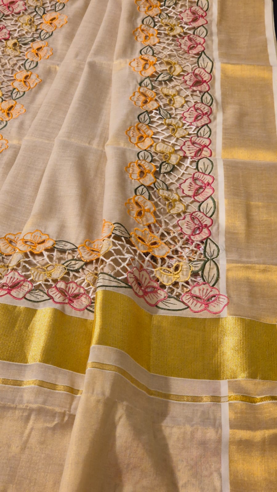Beautiful Tissue cotton kerala saree and blouse with Full border cutwork on saree and blouse sleeves Kerala saree