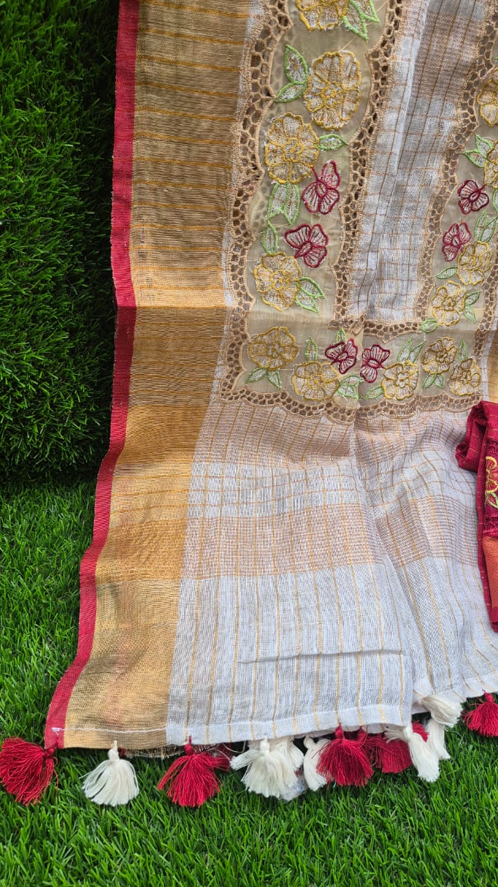 Pure Linen saree and blouse with organza border and applique work Kerala saree