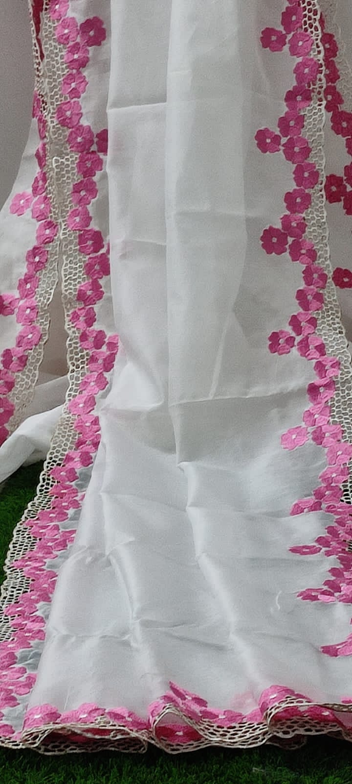 Elegant silky kota cutwork embroidery sarees pink white Silky kota cutwork sarees
