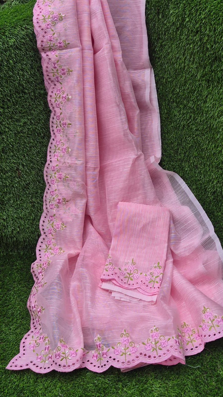 Pink floral embroidery premium sarees collection Silky kota cutwork sarees