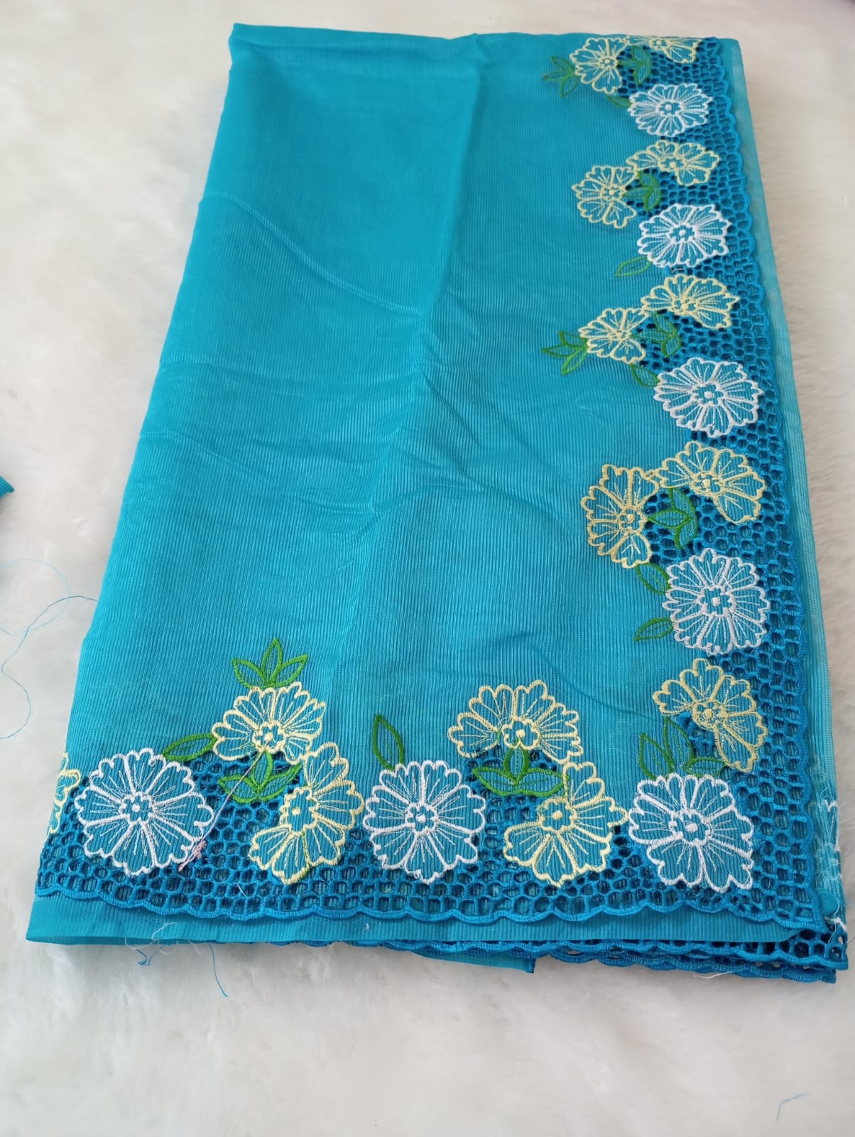 Blue green floral cutwork embroidery premium sarees collection