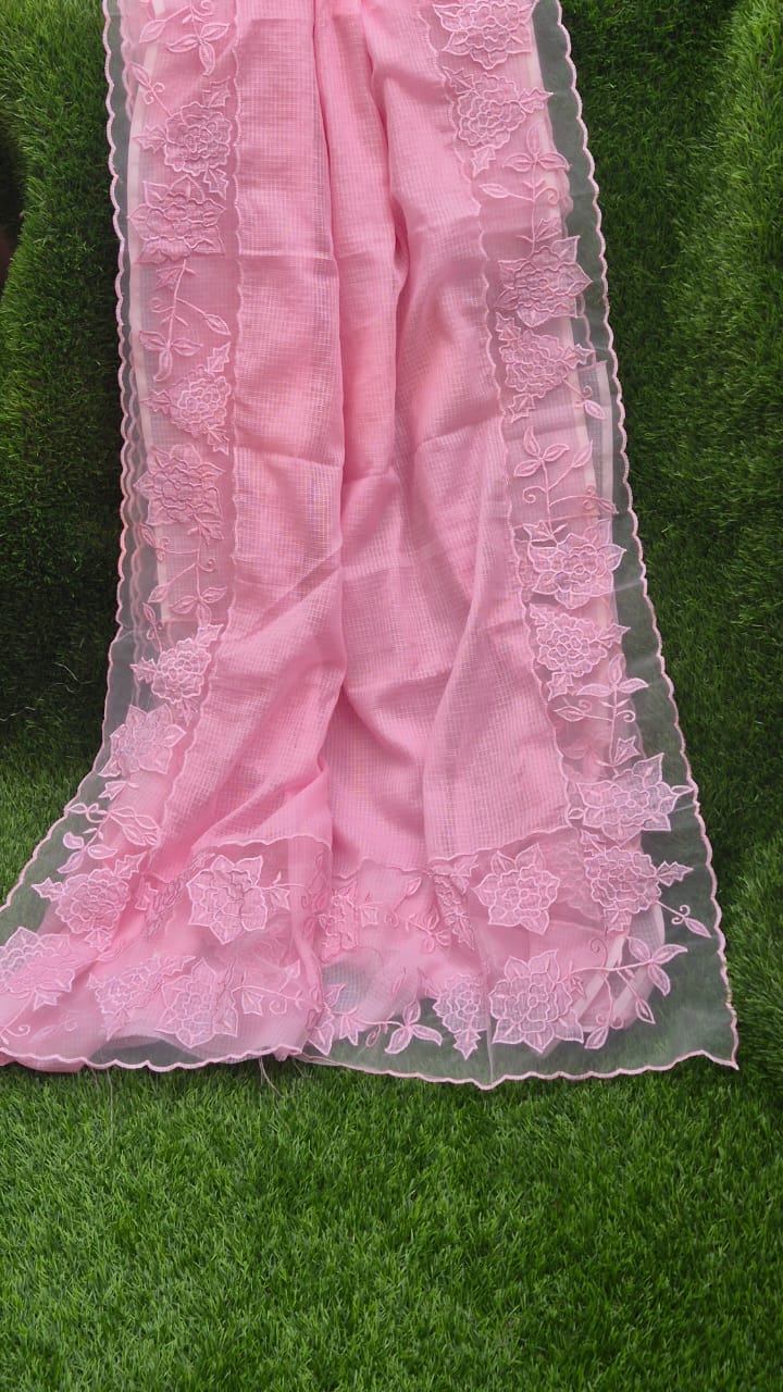 Silky Kota saree and blouse with organza border and applique work Organza