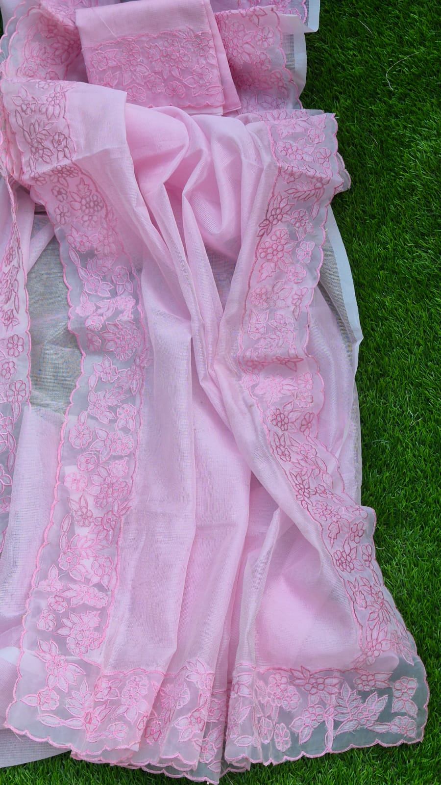 Premium pink Kota designer sarees with organza border Kota embroidery sarees