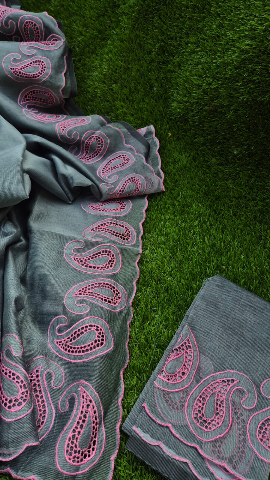 Grey red cutwork embroidery premium sarees collection Silky kota cutwork sarees