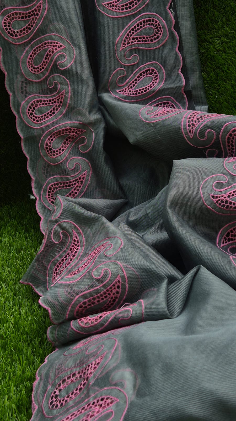 Grey red cutwork embroidery premium sarees collection Silky kota cutwork sarees