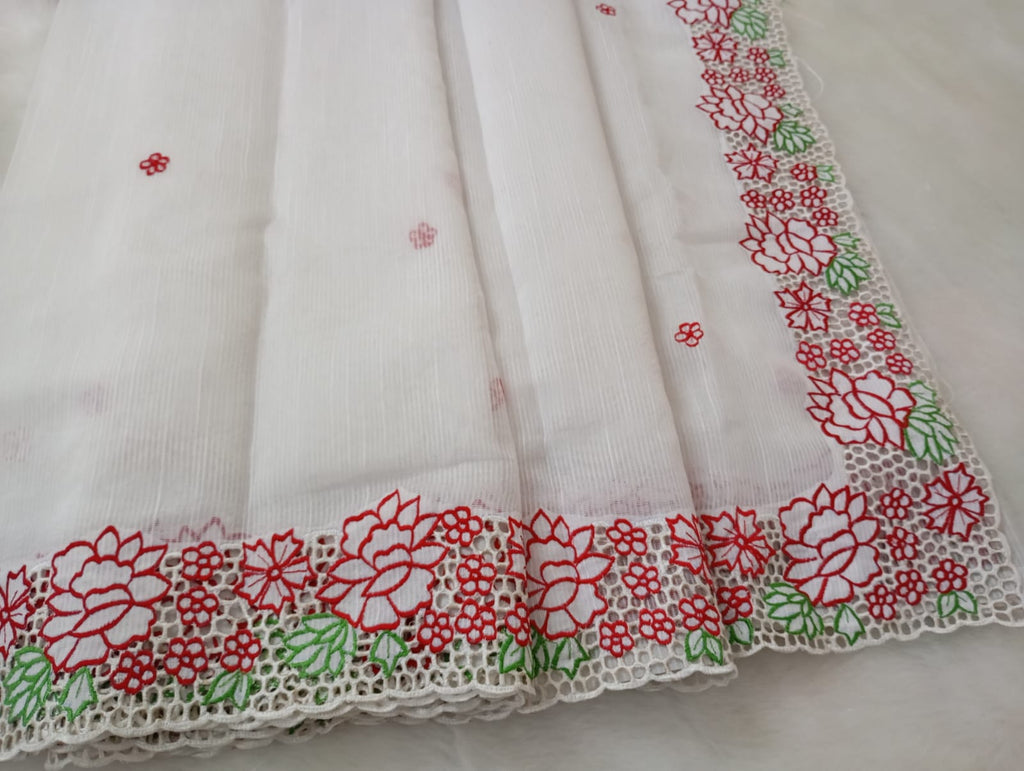Exclusive white baptism special cutwork embroidery designer sarees