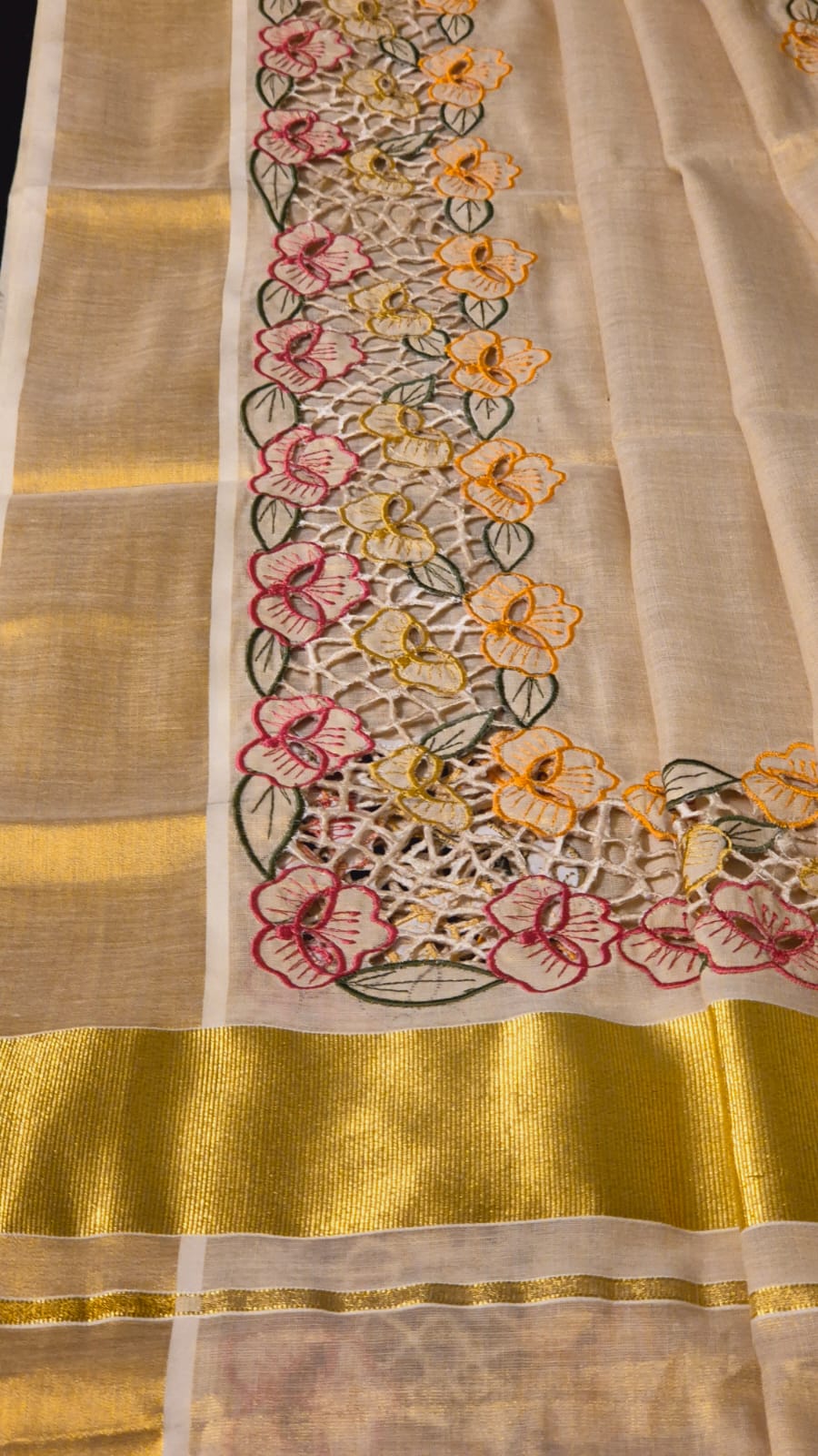 Beautiful Tissue cotton kerala saree and blouse with Full border cutwork on saree and blouse sleeves Off white Kerala saree