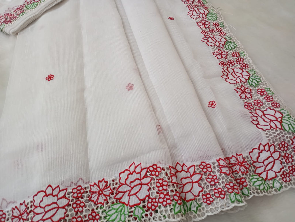 Exclusive white baptism special cutwork embroidery designer sarees