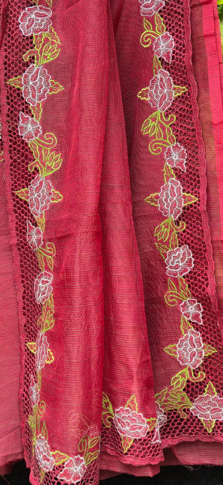 Boutique collection red cutwork embroidery premium sarees collection Silky kota cutwork sarees