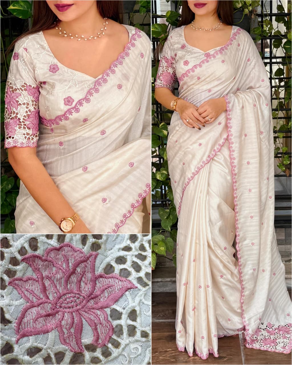 Beautiful cutwork embroidery on matkaa tussar silk sarees Designer sarees collection