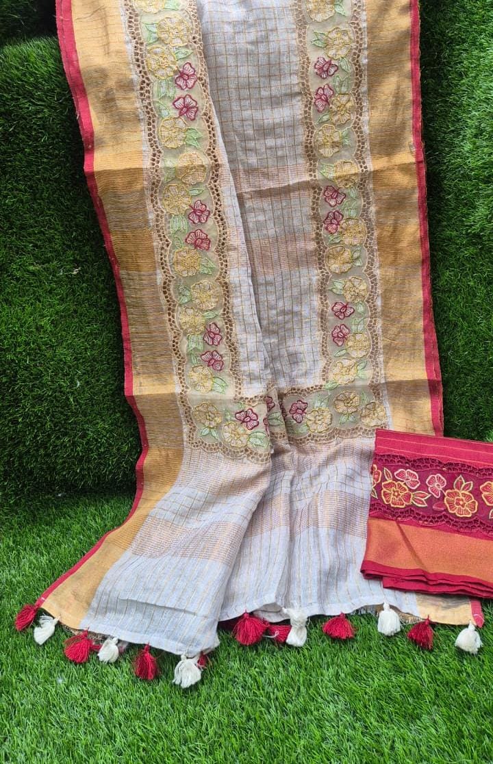 Pure Linen saree and blouse with organza border and applique work Kerala saree
