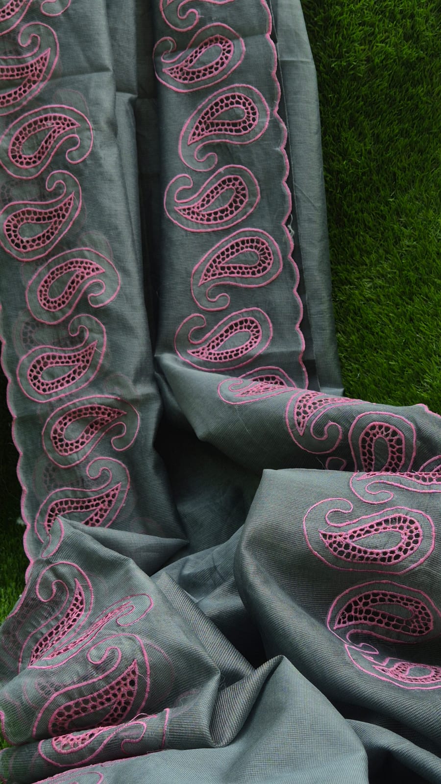 Grey red cutwork embroidery premium sarees collection Silky kota cutwork sarees