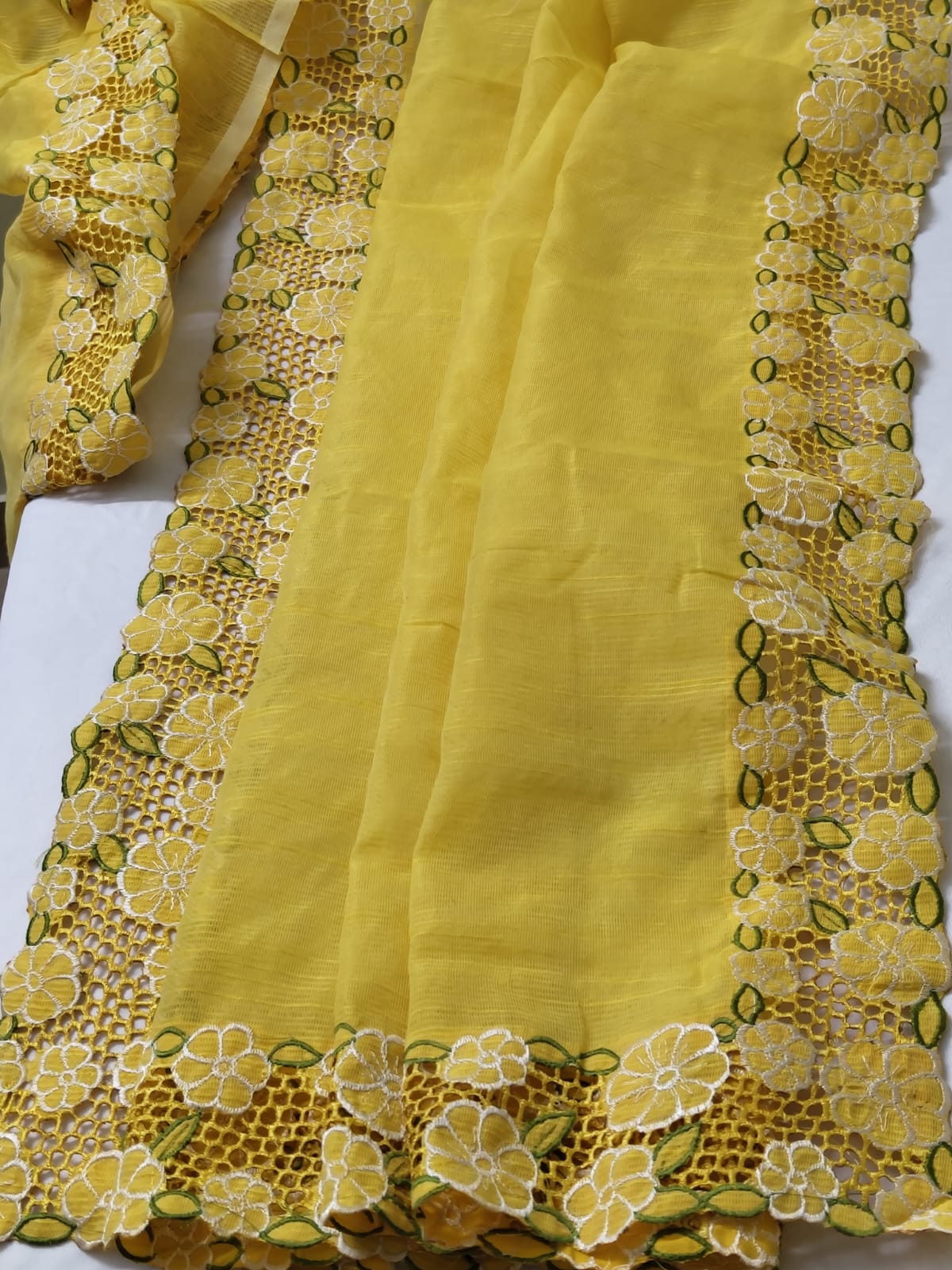 Boutique collection silky kota cutwork embroidery sarees Yellow Silky kota cutwork sarees