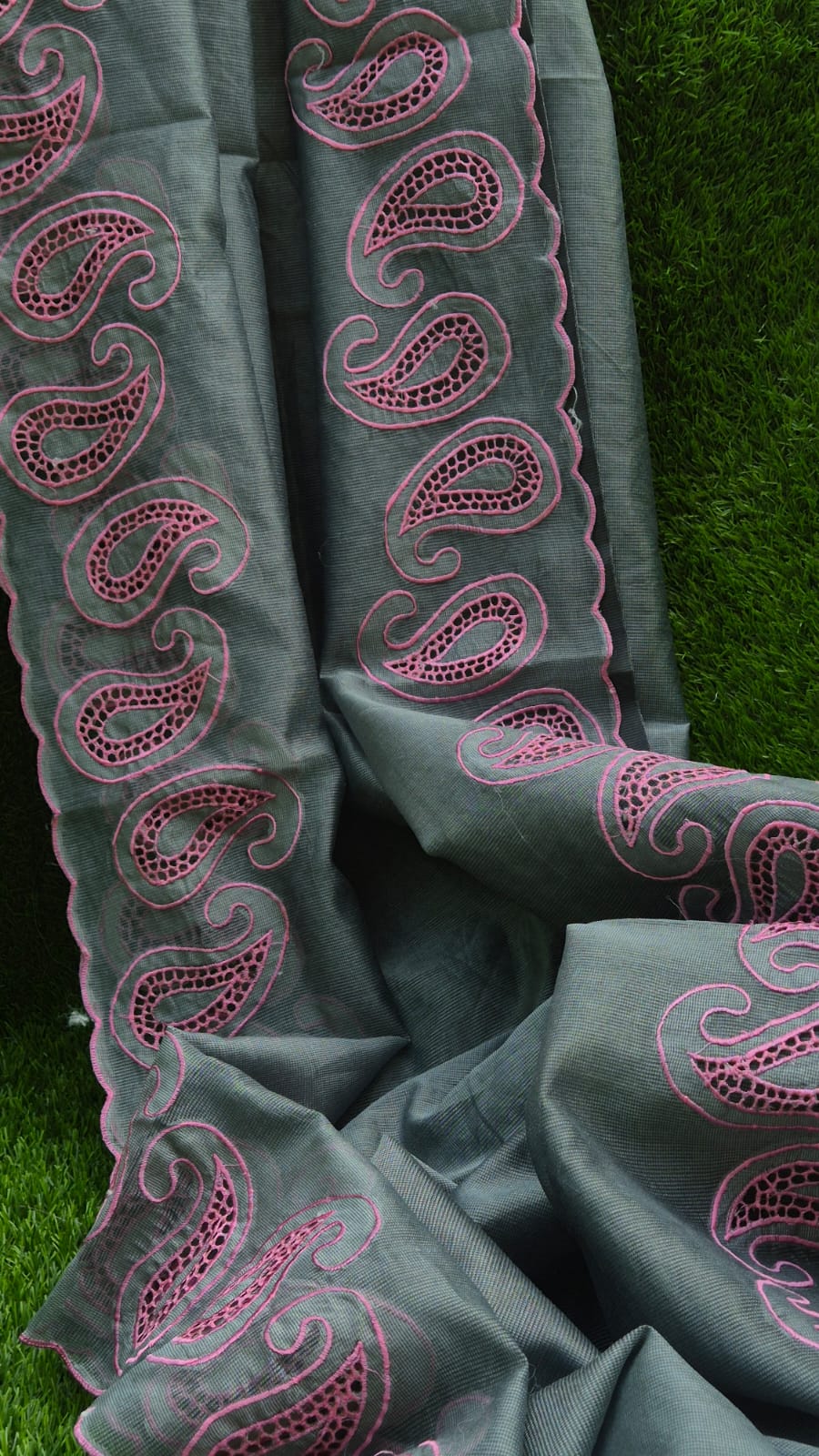 Grey red cutwork embroidery premium sarees collection Silky kota cutwork sarees