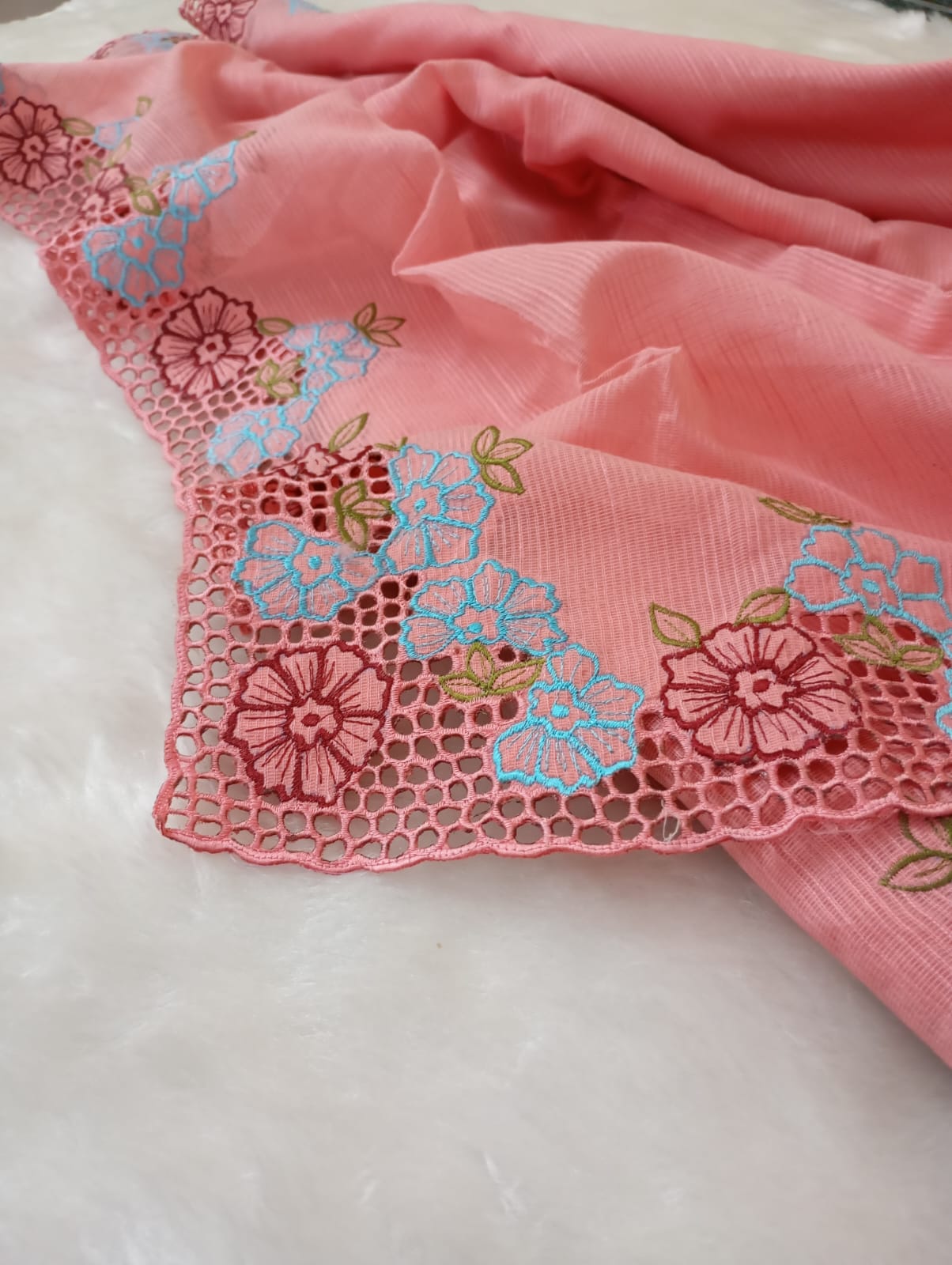 Peach beauty collection silky kota cutwork embroidery sarees Silky kota cutwork sarees