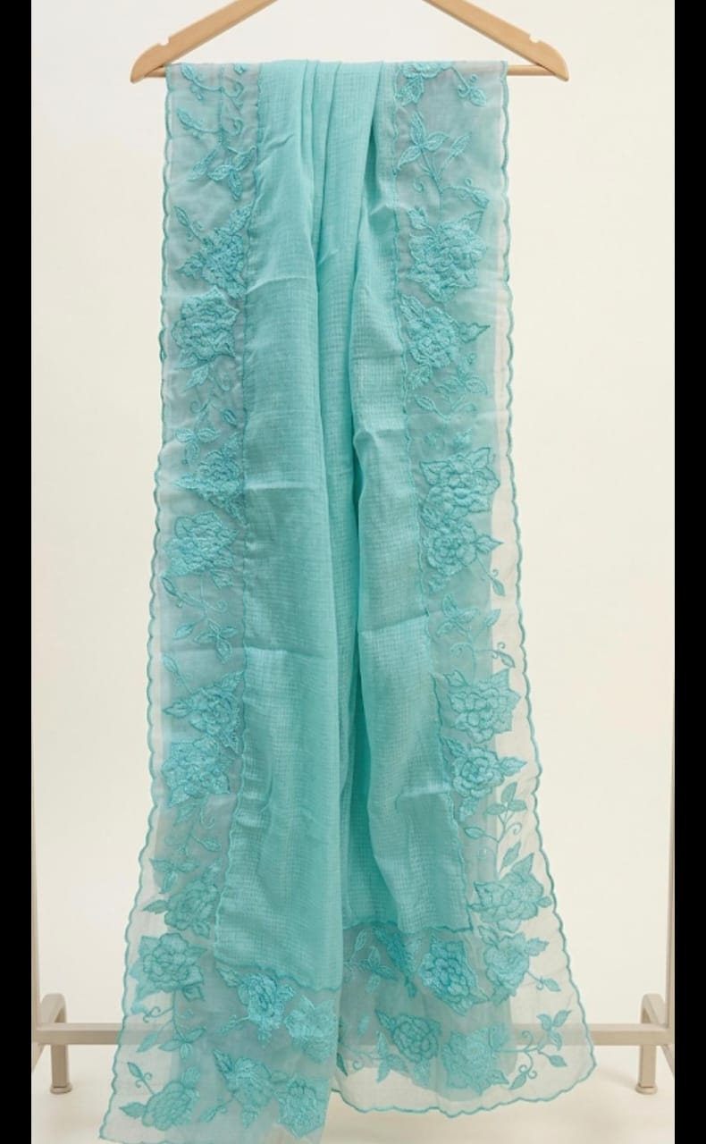 Silky Kota saree and blouse with organza border and applique work Organza