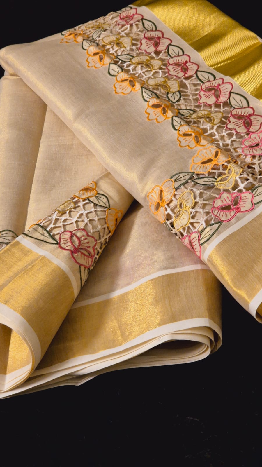 Beautiful Tissue cotton kerala saree and blouse with Full border cutwork on saree and blouse sleeves Kerala saree
