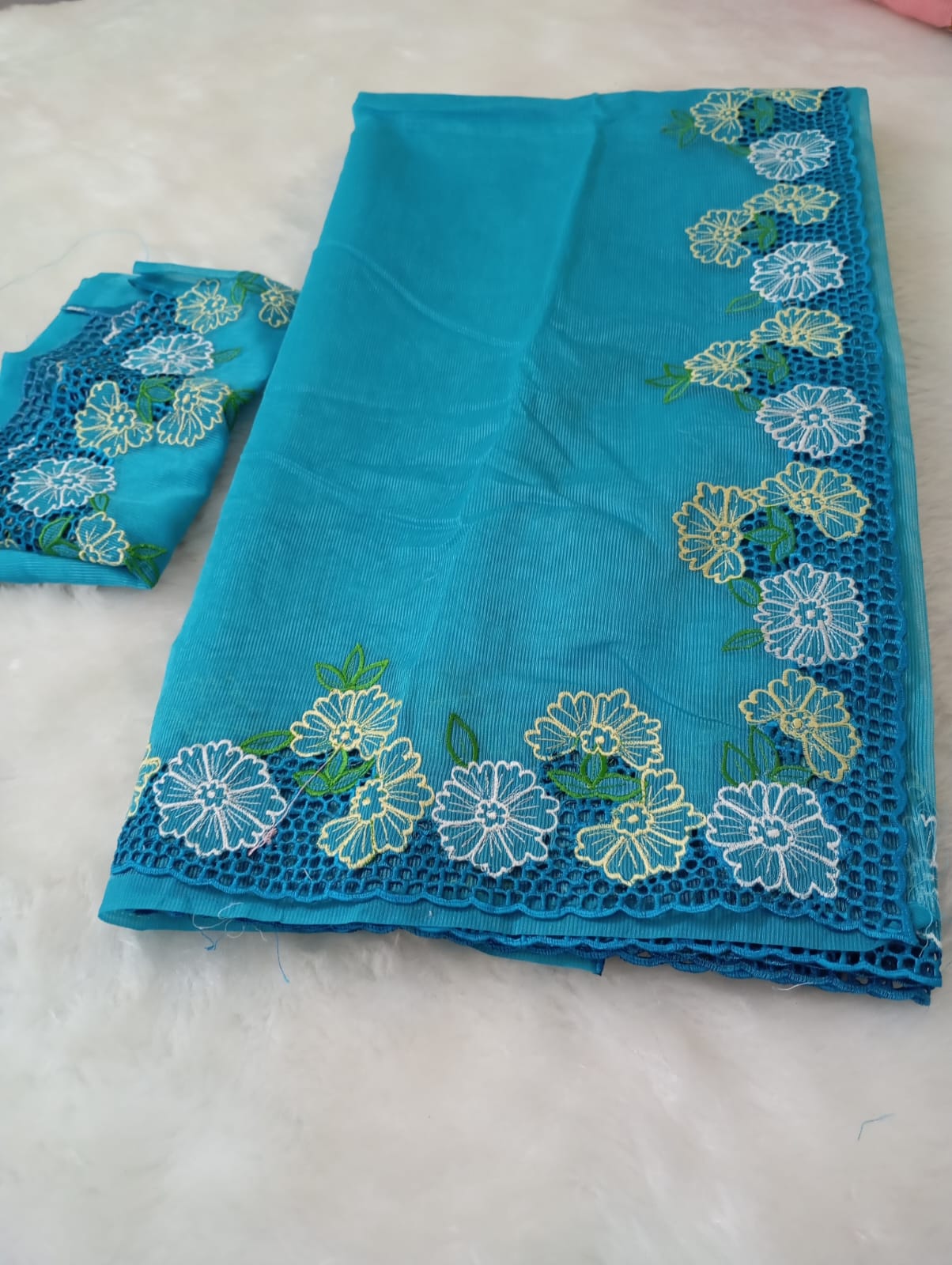 Blue green floral cutwork embroidery premium sarees collection