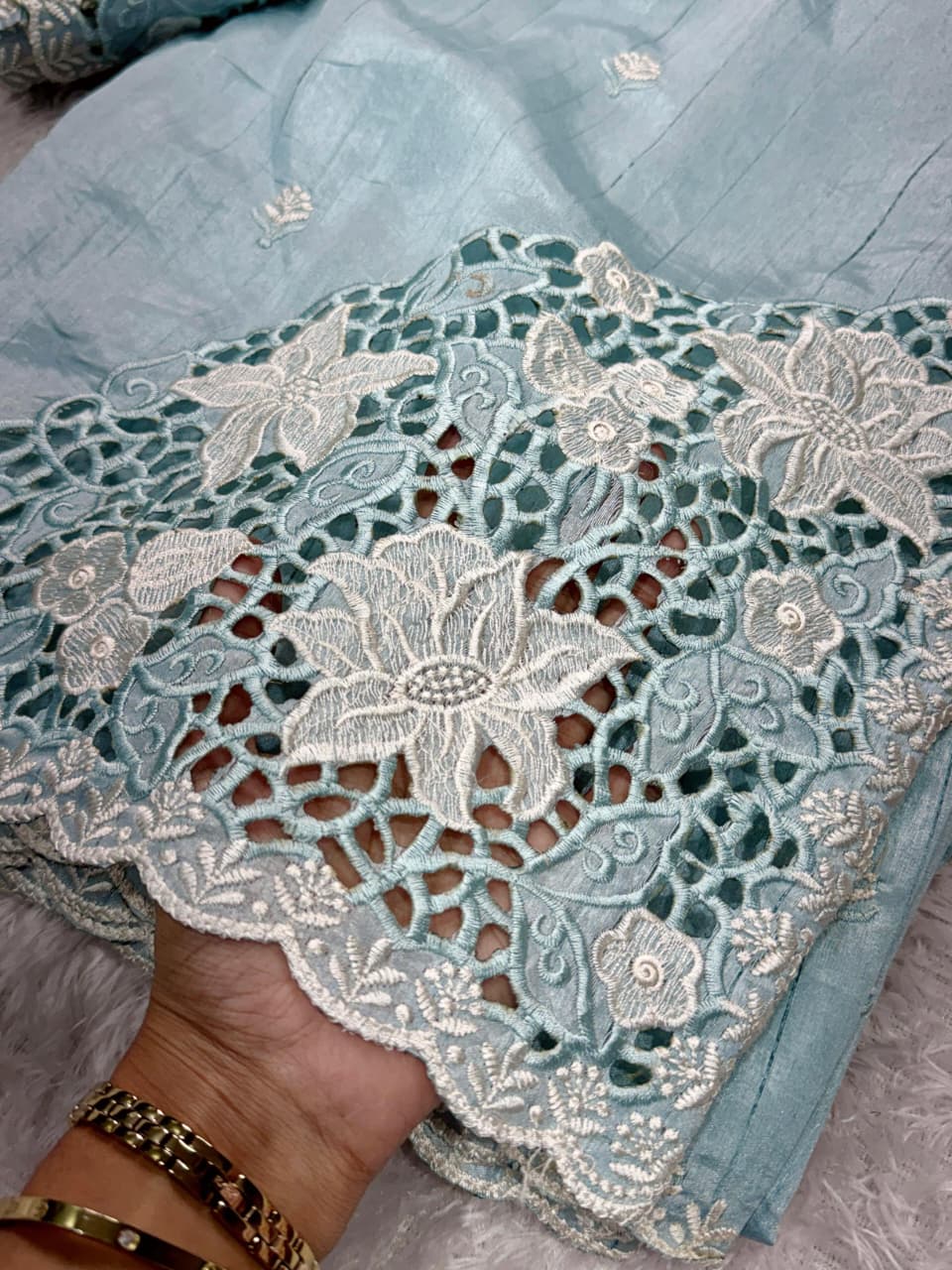 Beautiful cutwork embroidery on matkaa tussar silk sarees Designer sarees collection