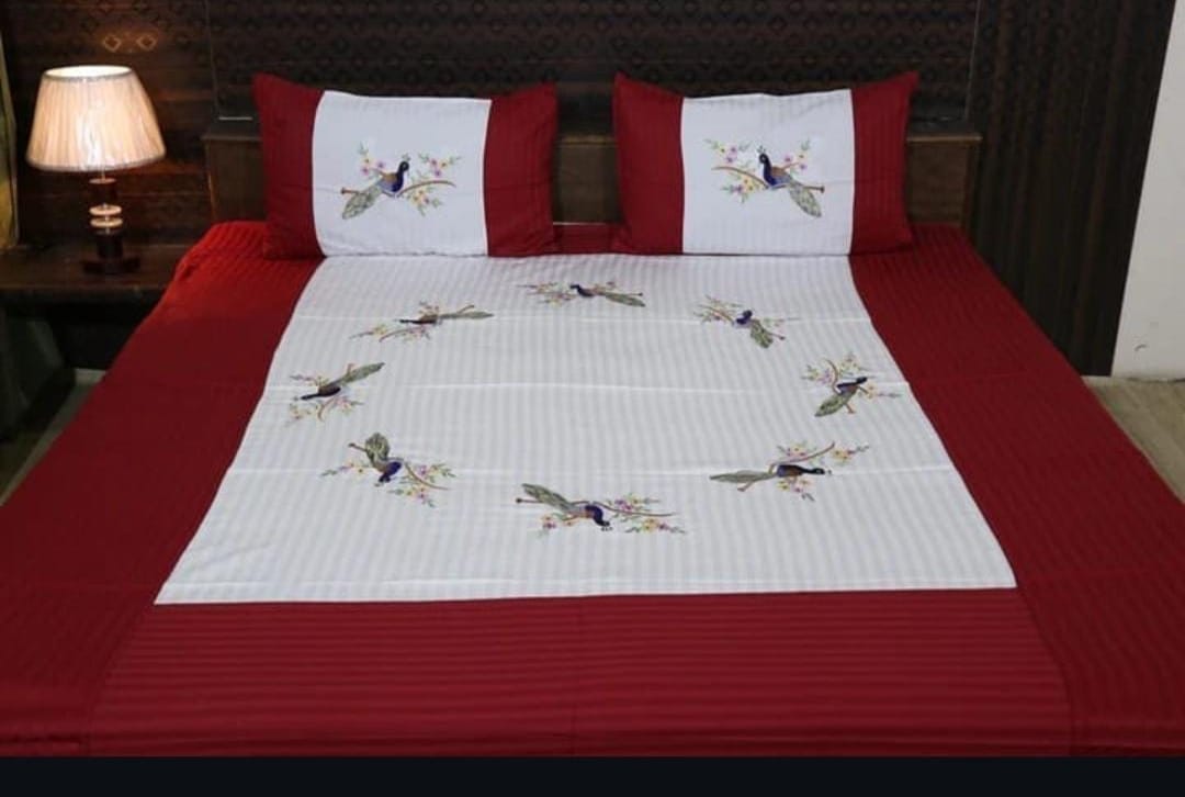 Premium Red Ring Floral Designer Embroidery Bedsheets Collection White Ring Bedsheets