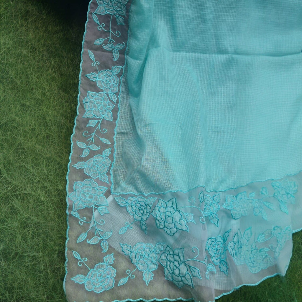 Silky Kota saree and blouse with organza border and applique work sea green Organza
