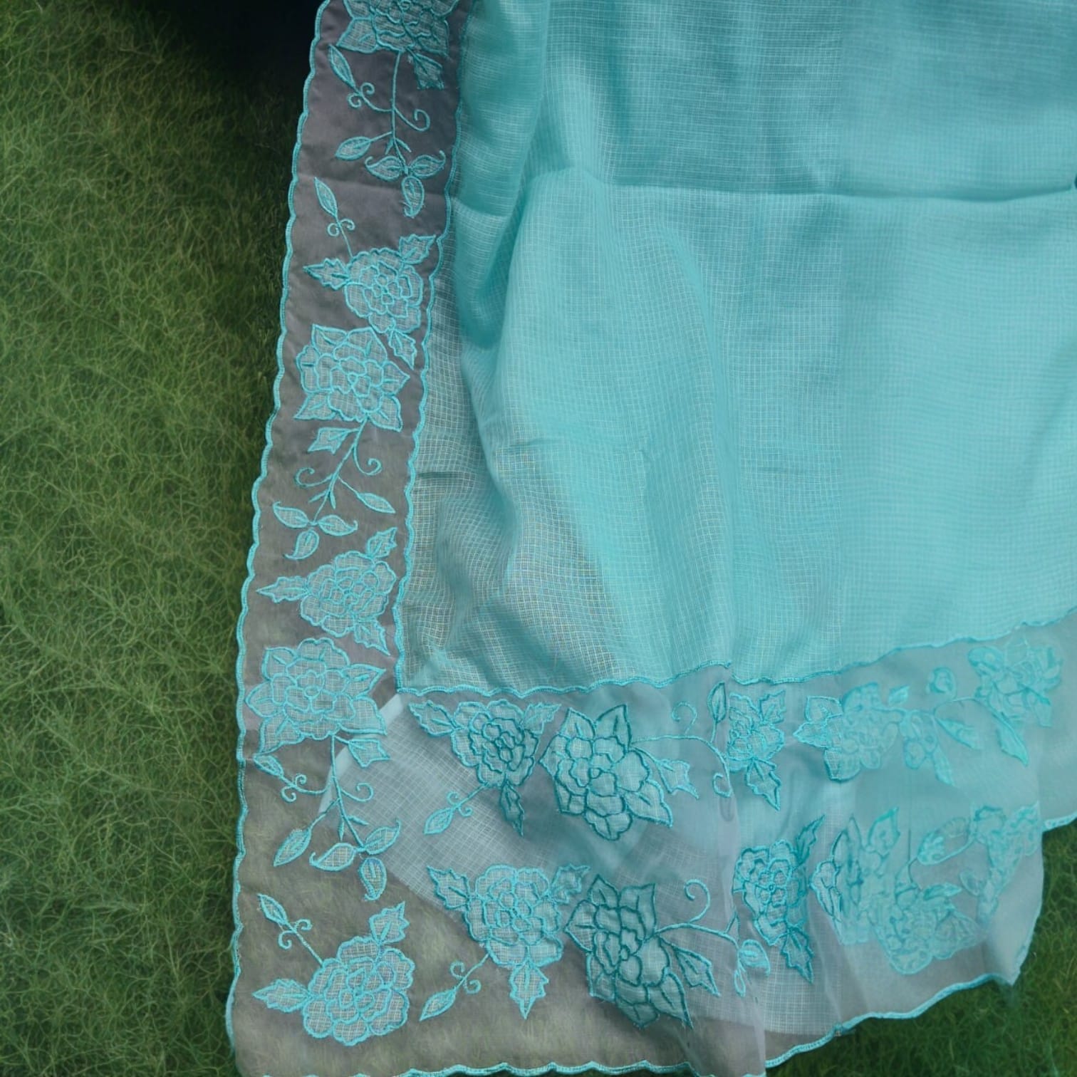 Silky Kota saree and blouse with organza border and applique work sea green Organza