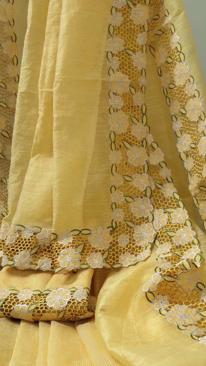 Yellow collection silky kota cutwork embroidery sarees Silky kota cutwork sarees