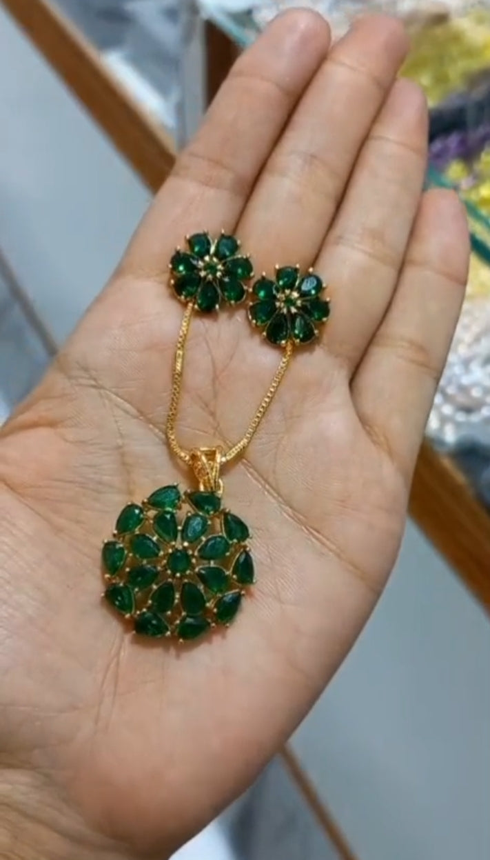 Premium gold plated green amethyst stone Pendant With Chain and matching ear studs Code : GreenPS GreenPS Jewellery
