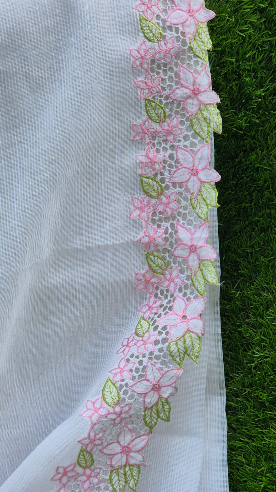 White floral beautiful cutwork embroidery premium sarees collection Silky kota cutwork sarees