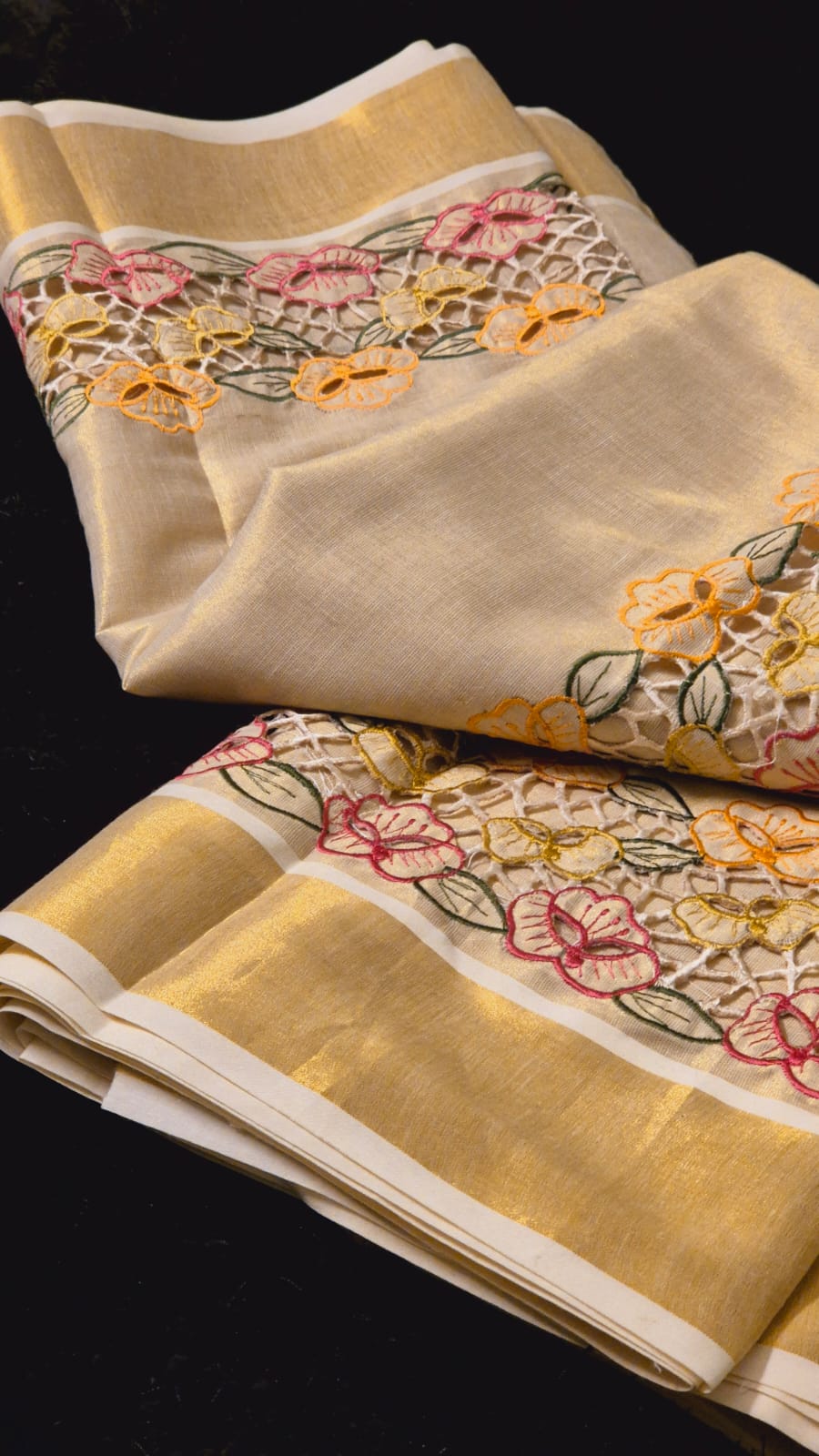Beautiful Tissue cotton kerala saree and blouse with Full border cutwork on saree and blouse sleeves Kerala saree