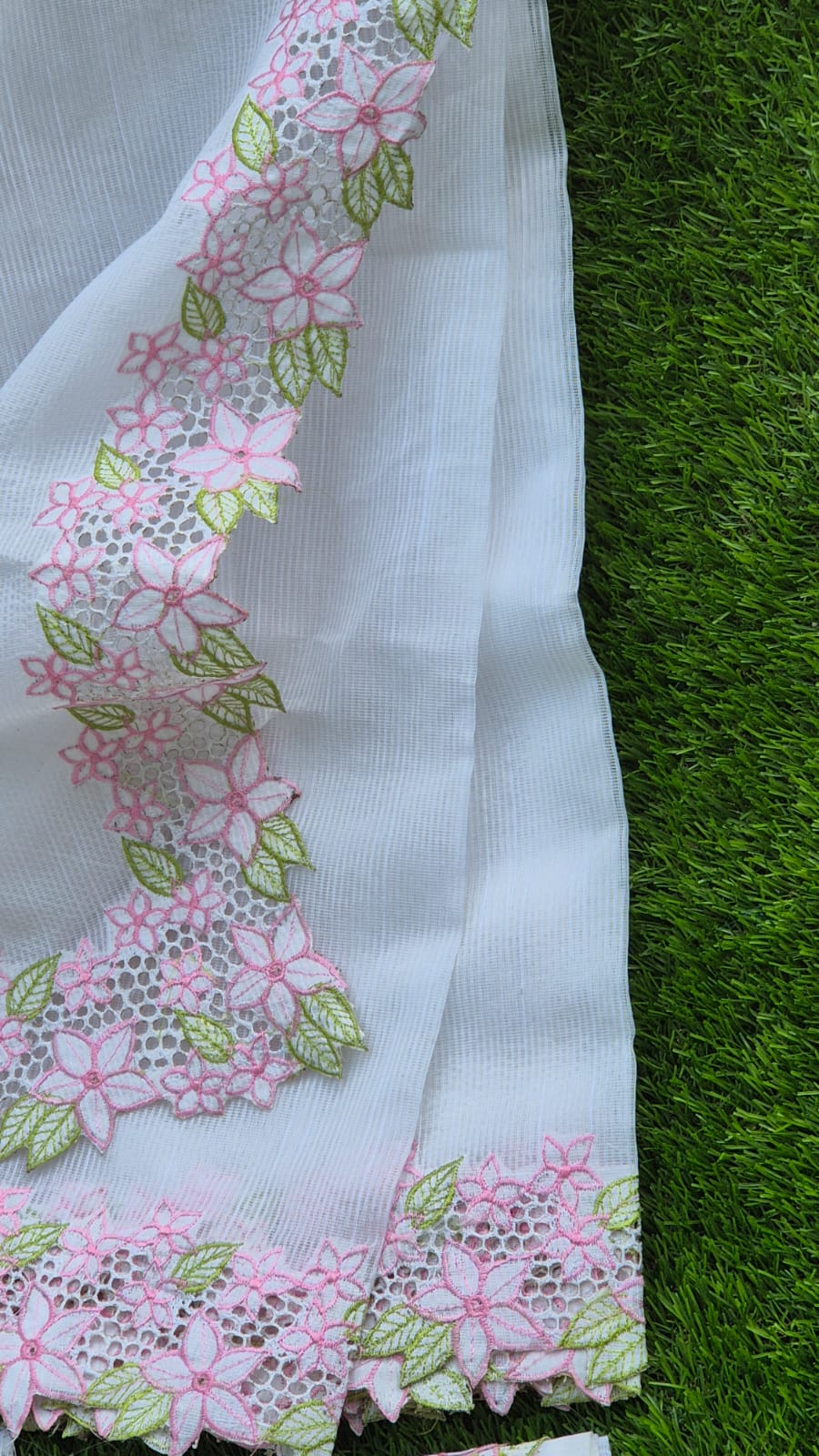White floral beautiful cutwork embroidery premium sarees collection Silky kota cutwork sarees