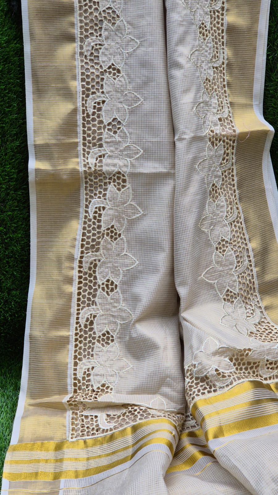 Beautiful Kerala saree and blouse with cutwork - Festival special Off white Kerala saree