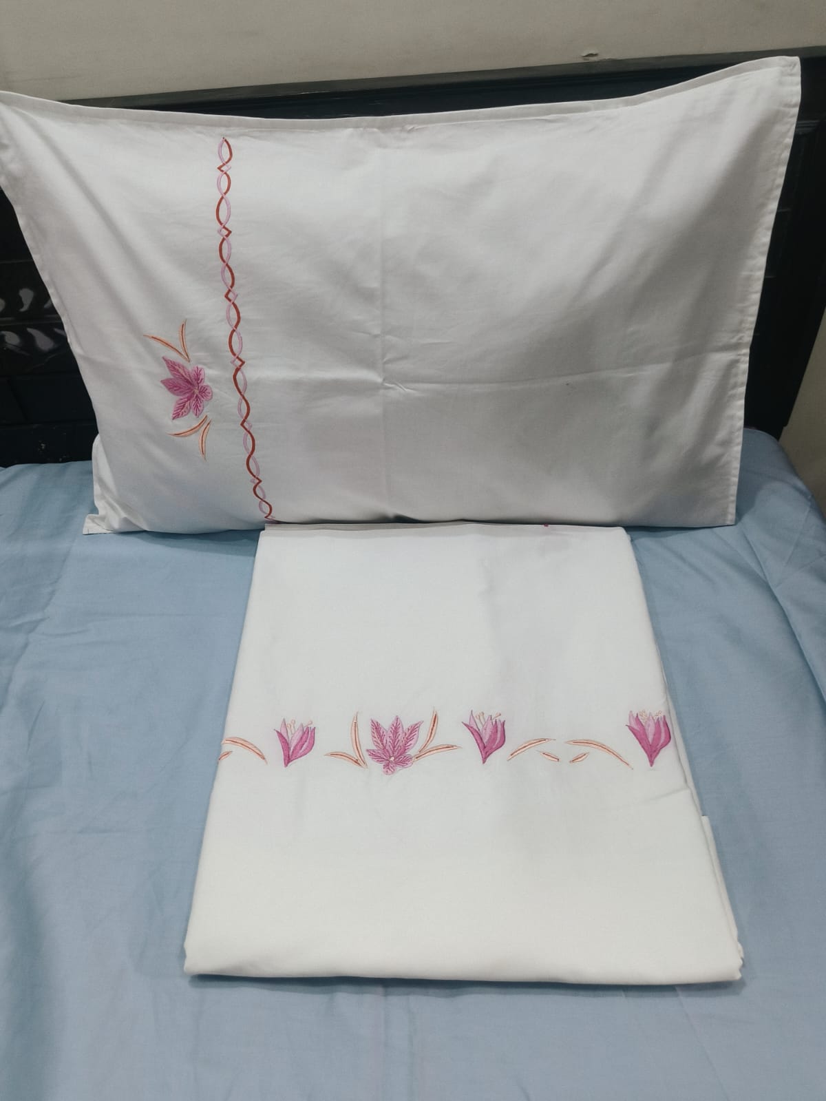 Premium pastel shades patch Designer Embroidery Bedsheets Collection White floral red Bedsheets