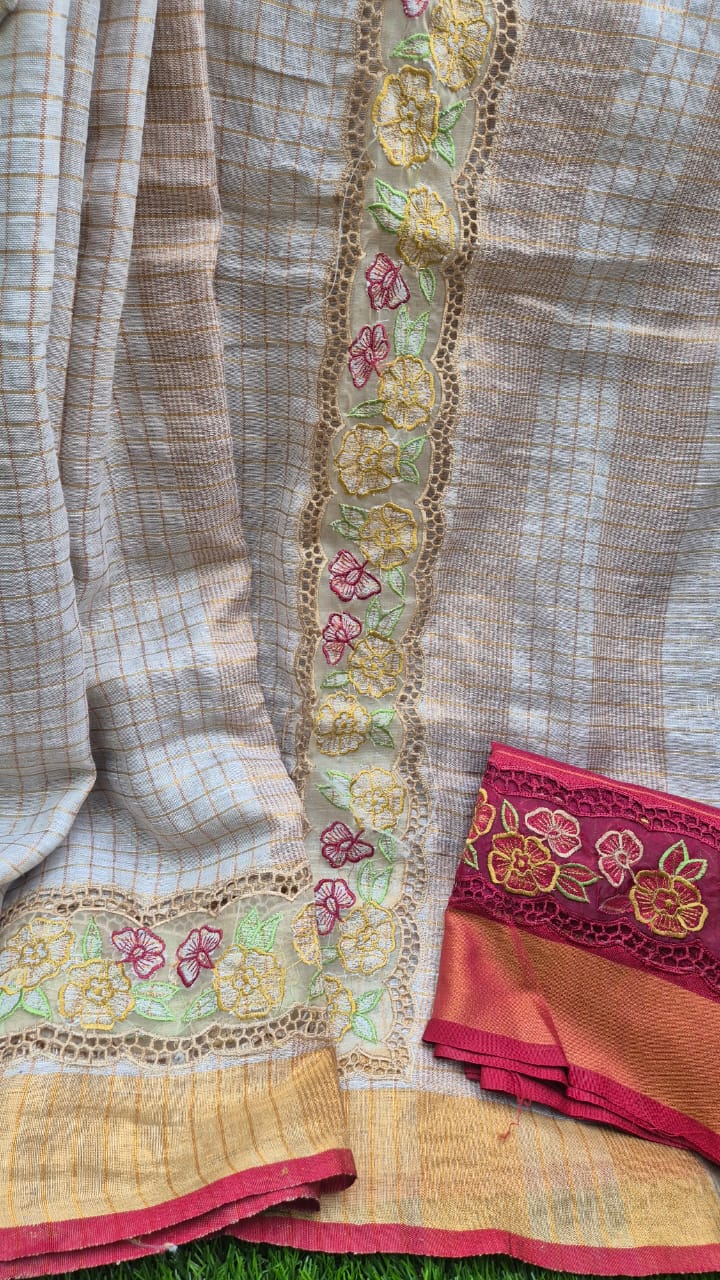 Pure Linen saree and blouse with organza border and applique work Kerala saree