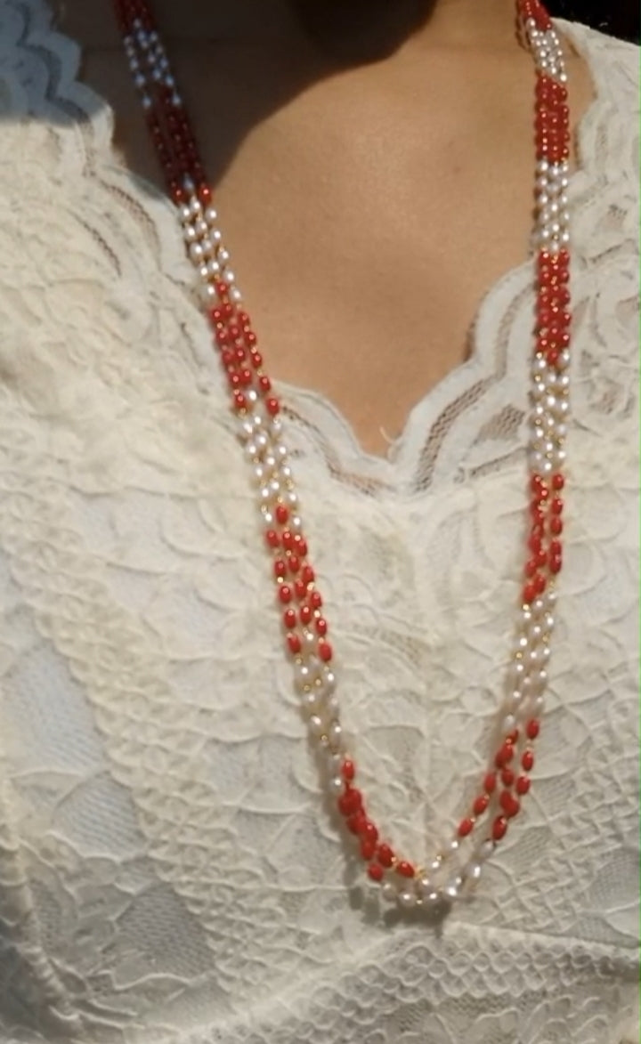 Code : ORW3 Beautiful 3 Layer rice pearl combination neck piece Pearl Jewellery