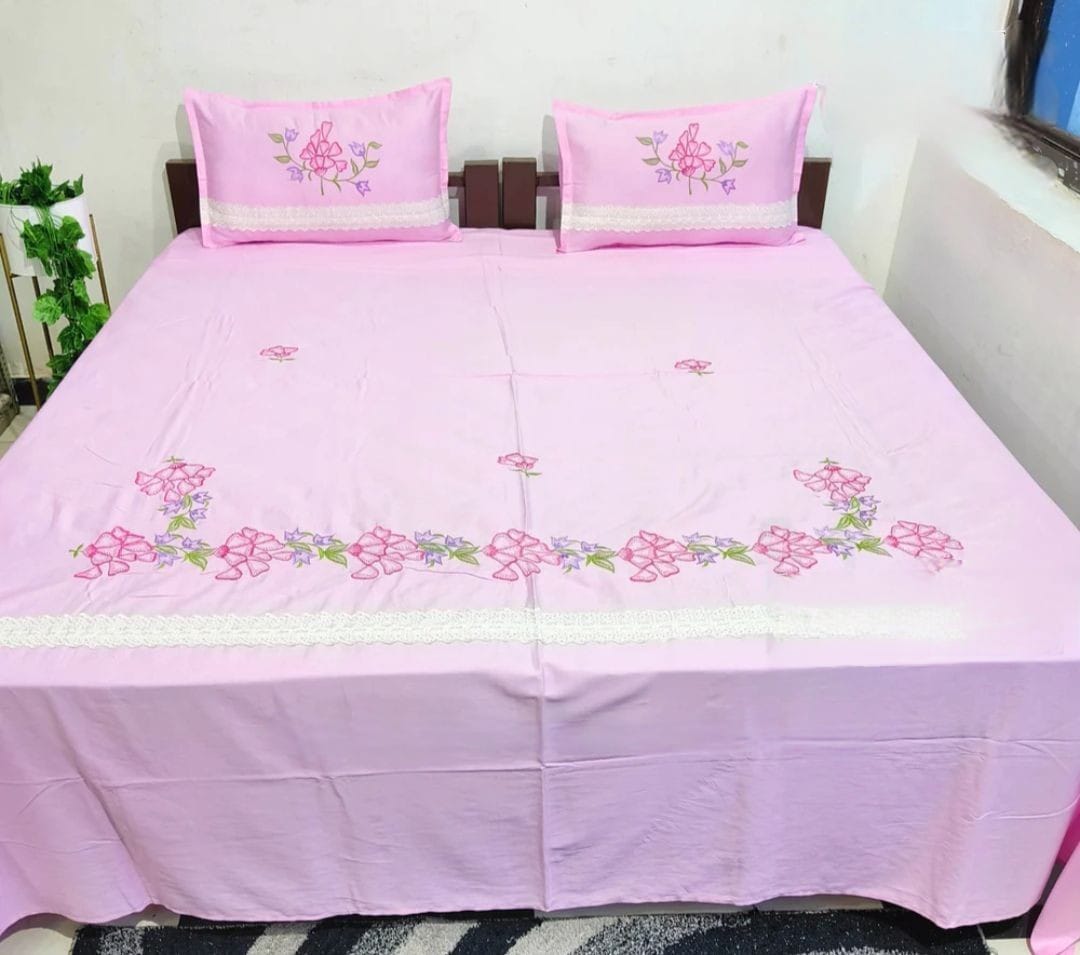 Premium pastel shades elegant Designer Embroidery Bedsheets Collection Pink floral Bedsheets